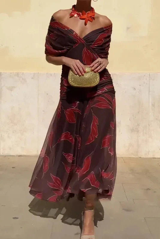 Printed Shawl Sleeve High Waist Pleated V-Neck Off Shoulder Maxi Dress
