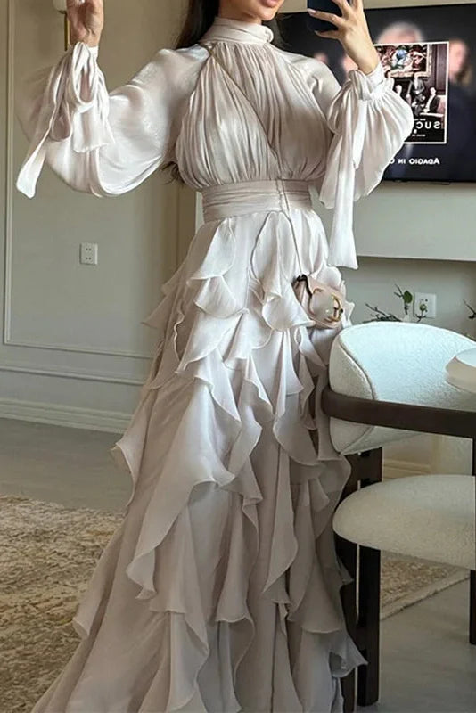 Elegant Pleated High Collar Long Sleeve High Waist Maxi Dress