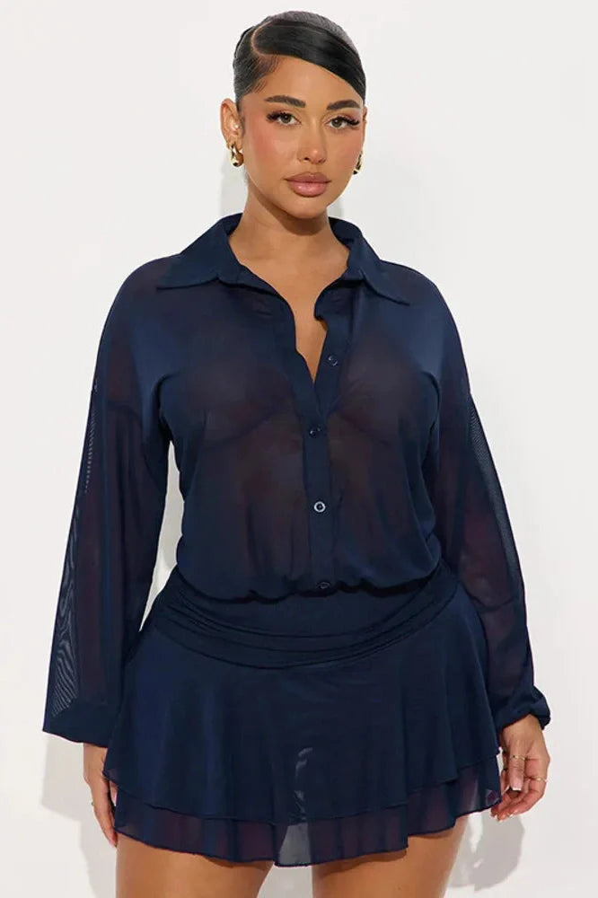 See Through Long Sleeve Single-Breasted Mini Dress
