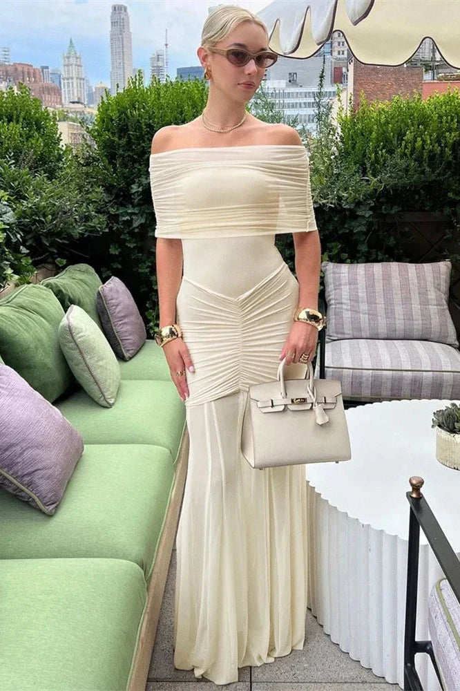 See-Through Pleated Patchwork Off-Shoulder Maxi Dress