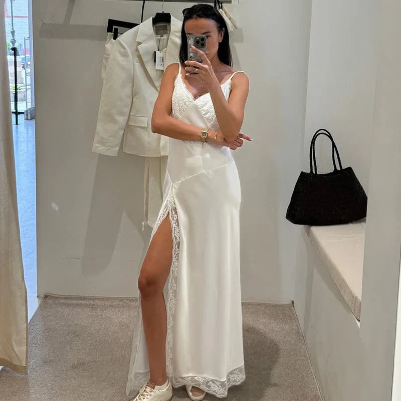 Elegant Lace V-Neck Fitted Split Maxi Dress
