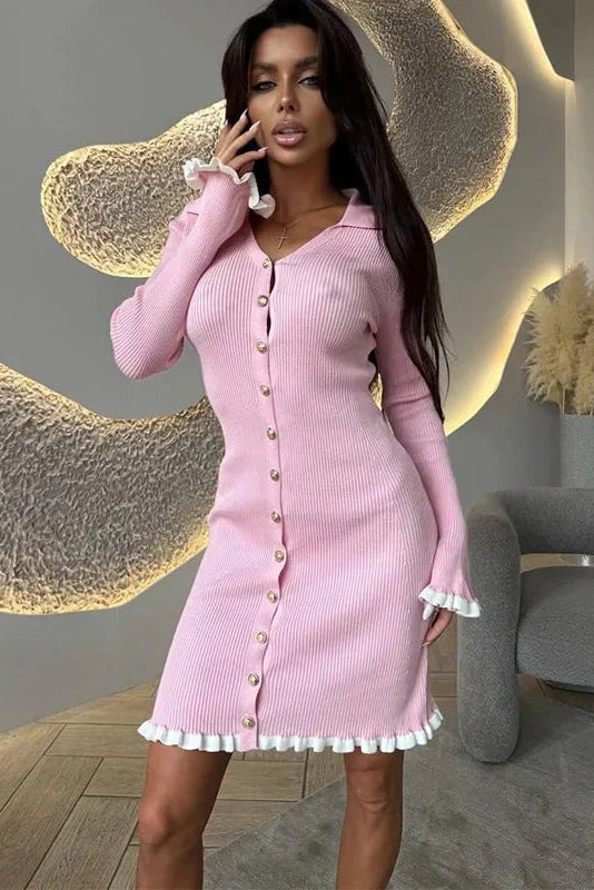 Elegant Knitted Long Sleeve Single-Breasted Bodycon Mini Dress