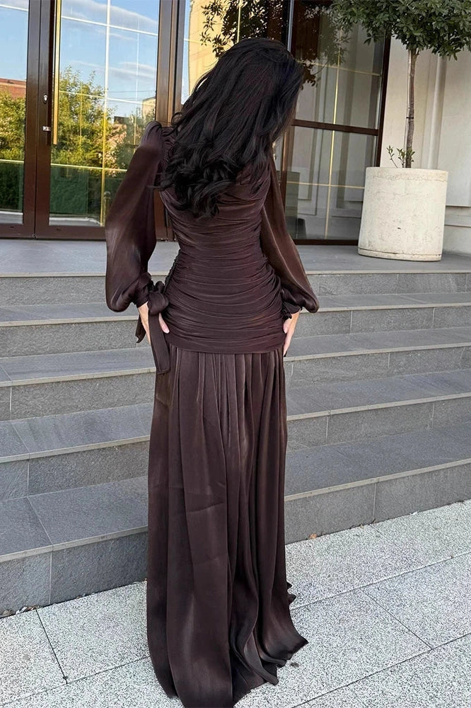 Long Sleeve O-Neck High Waist Pleated Maxi Dress