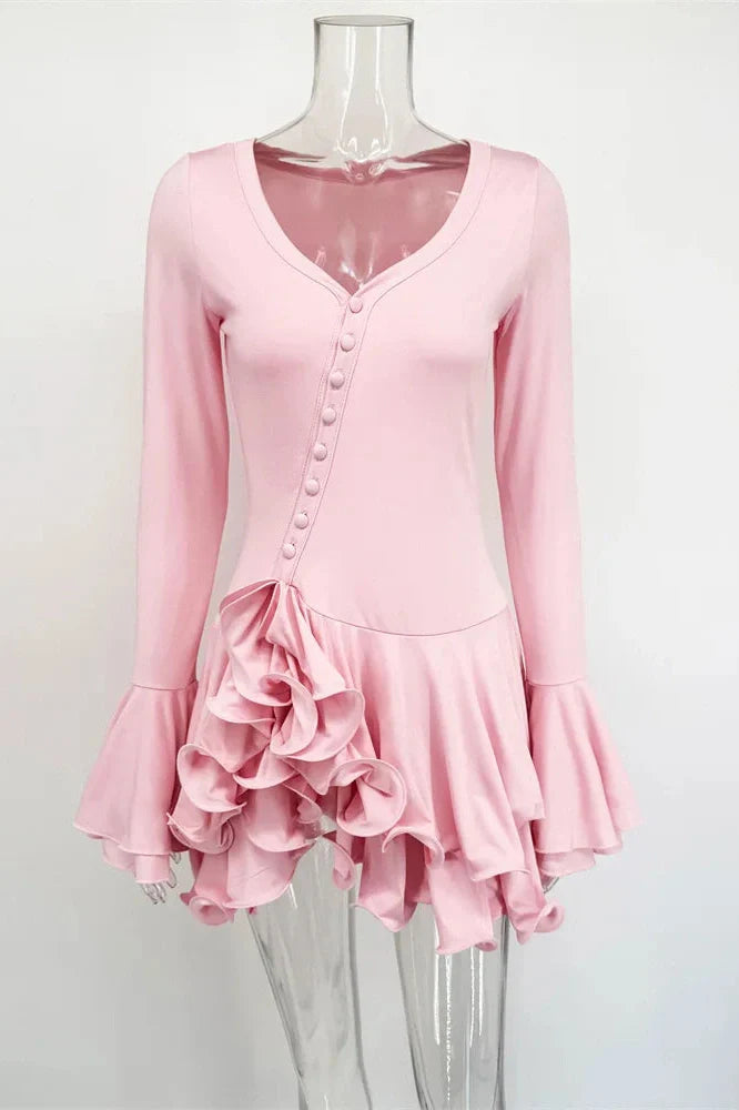 V-Neck High Waist Patchwork Long Sleeve Mini Dress