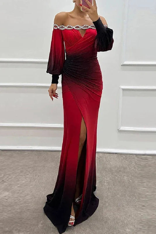 Off Shoulder Patchwork High Waist Pleated Slim Sleeves Maxi Dress