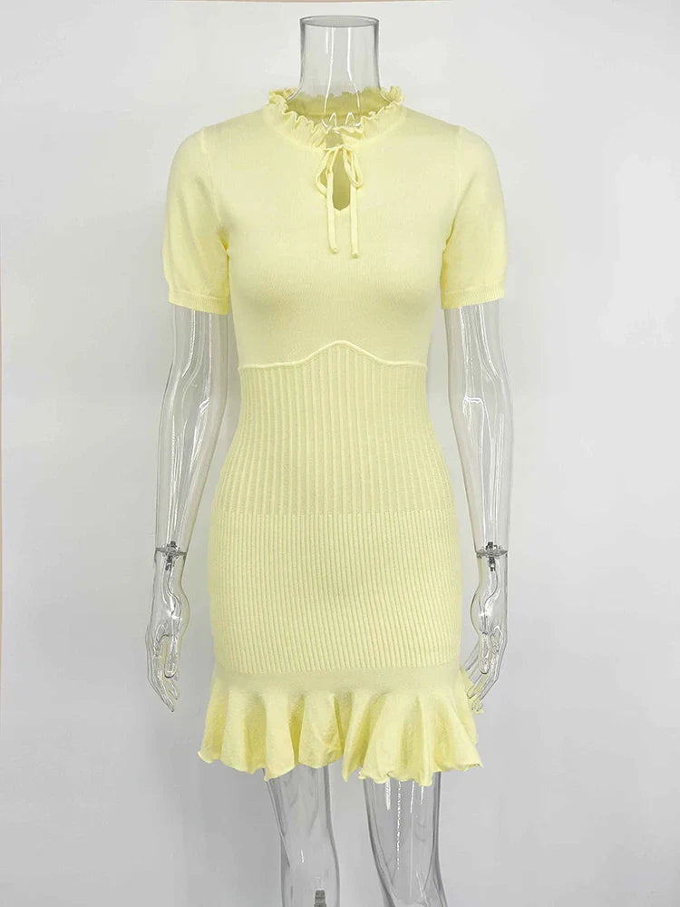 Hollow Knitting Lace Up Short Sleeve Mini Dress