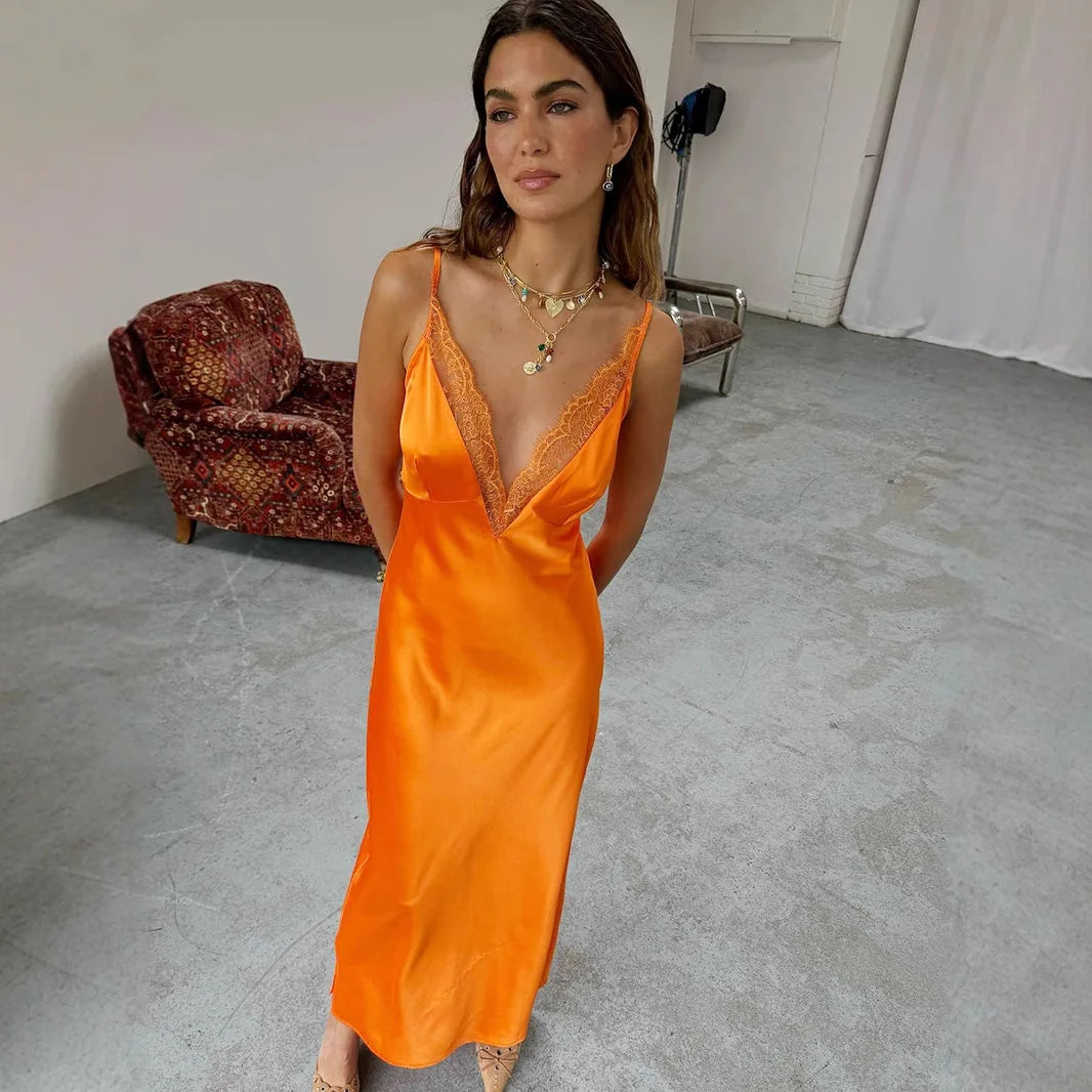 Lace Spaghetti Strap Deep V Neck Bodycon Maxi Dress