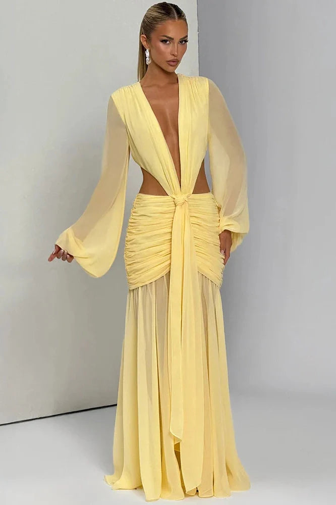 Hollow Out Printed Long Sleeve Backless Bodycon Maxi Dress