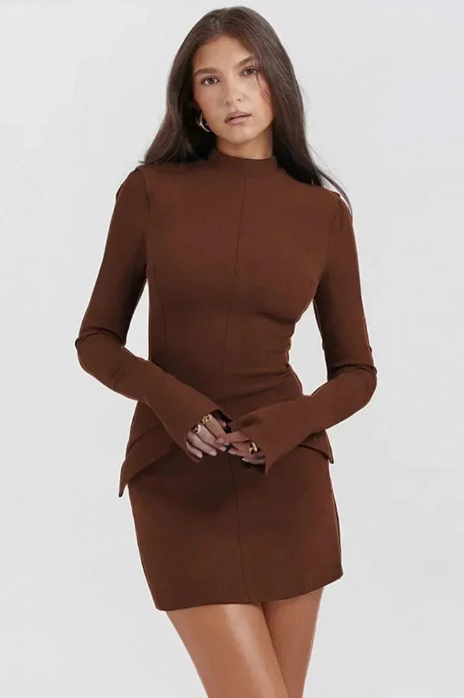 Elegant Slim Two Pocket Long Sleeve A-Line Mini Dress
