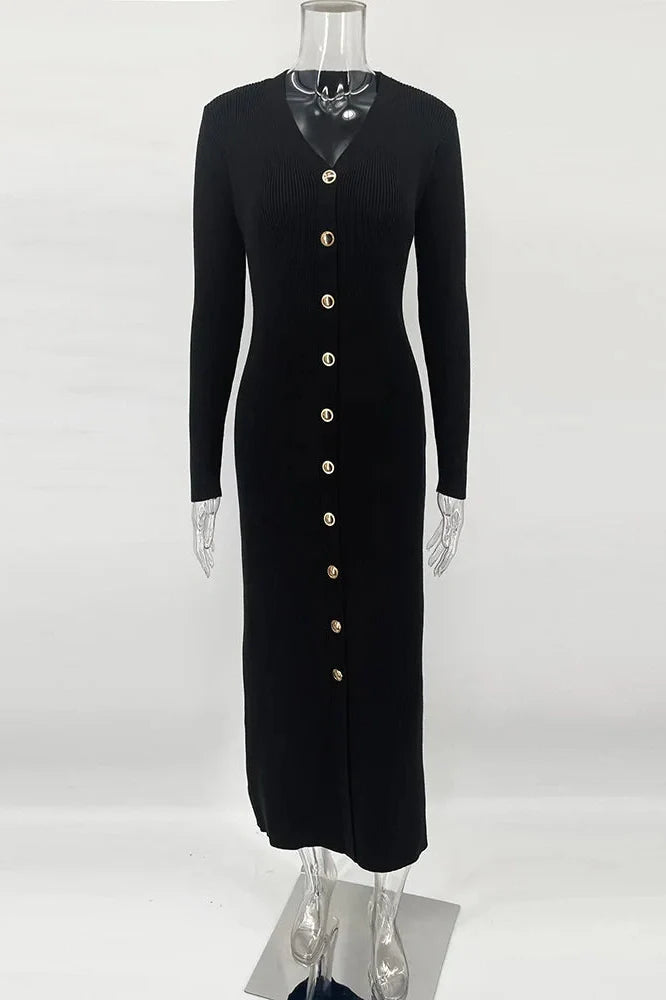 Elegant Long Sleeve Knitted Slim Midi Dress