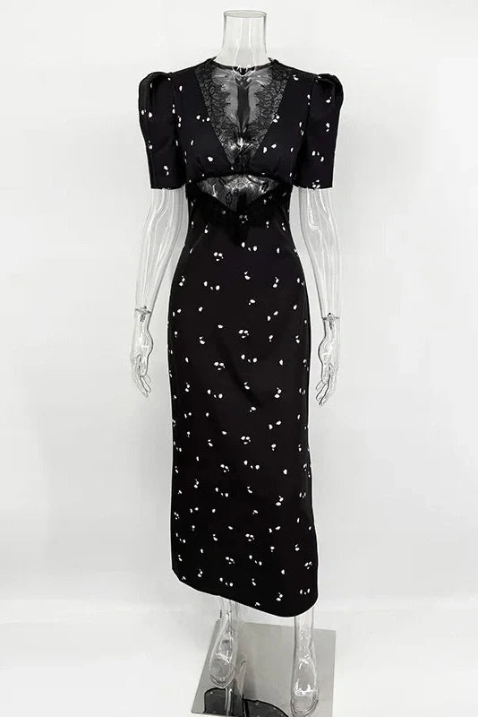 Hollow Lace Short Sleeve High Waist Slim Printed Maxi Dress