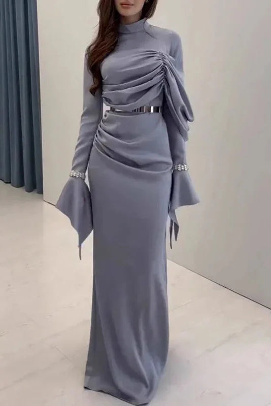 Pleated Slim Long Sleeve High Waist Irregular Maxi Dress
