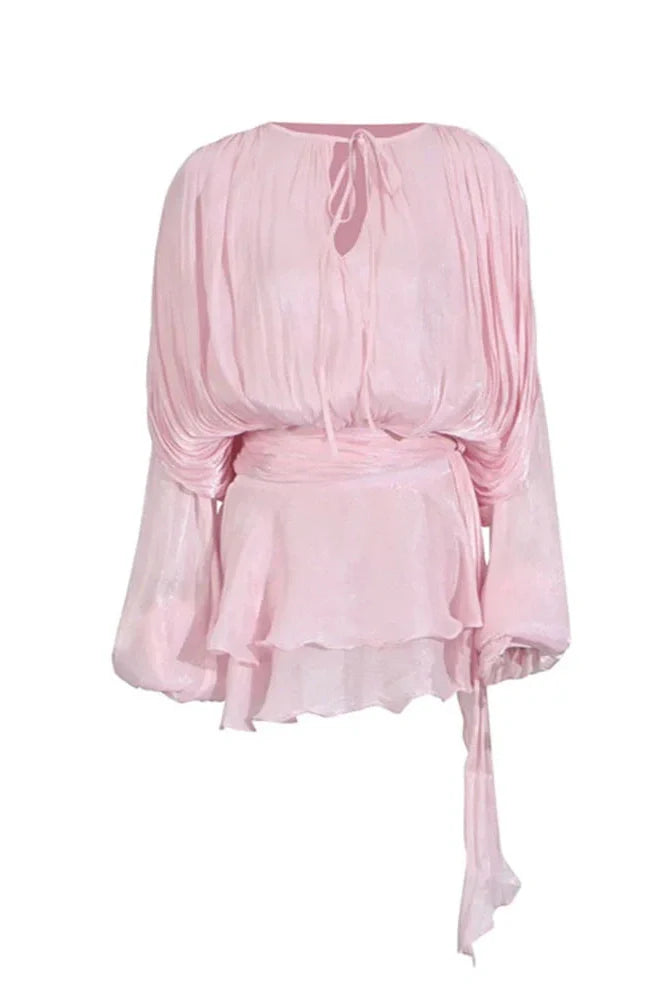 Elegant Pleated Long Sleeve High Waist Mini Dress