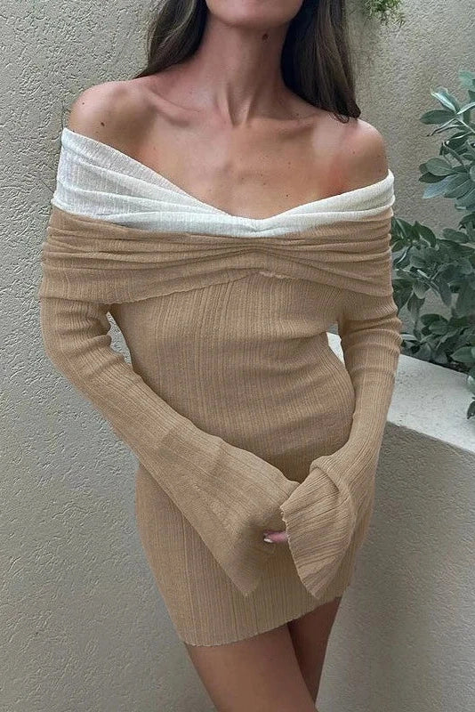 Off-Shoulder Knitted Long Sleeve Slim Backless Mini Dress