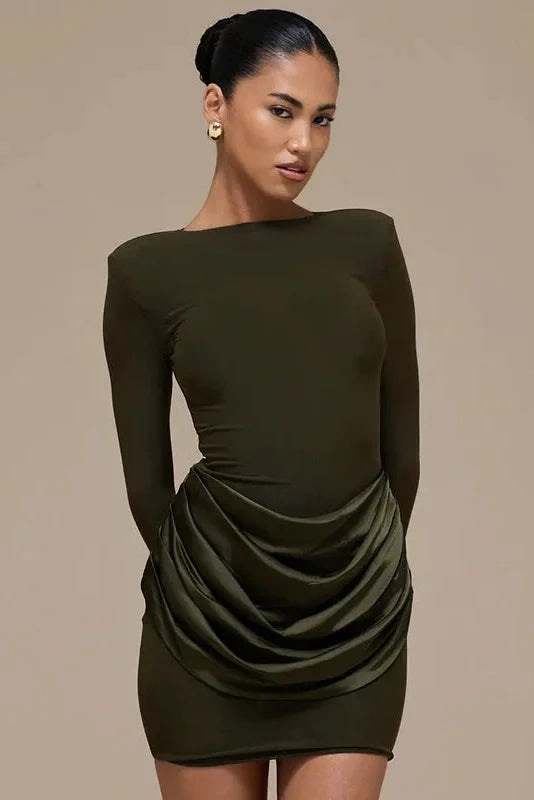 Elegant Pleated Slim Round Neck Long Sleeve Mini Dress