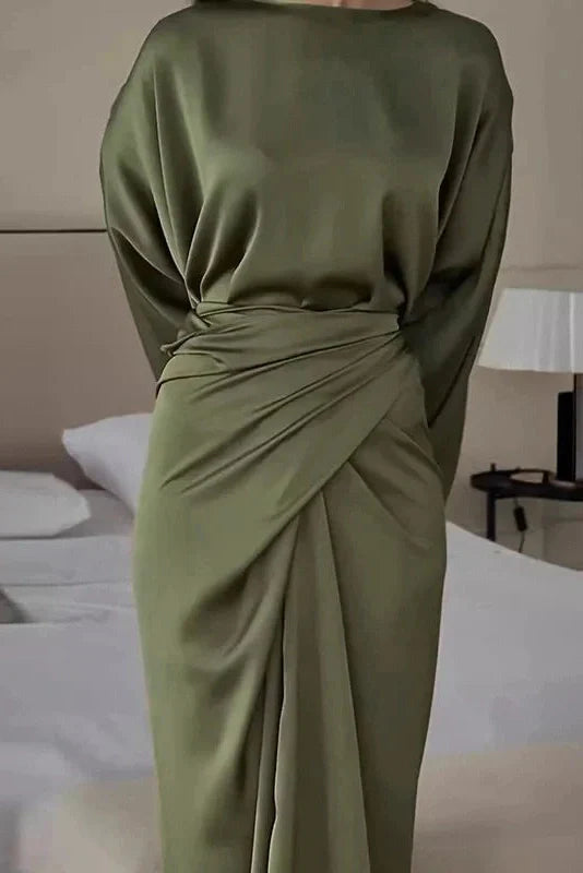 Elegant Tie-up Waisted O Neck Sleeves Maxi Dress