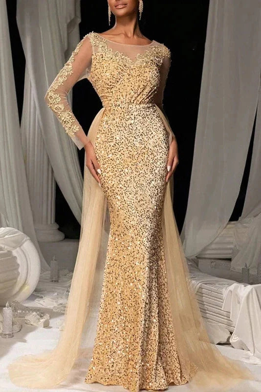Elegant High Waist Long Sleeve Slim V-Neck Lace Maxi Dress