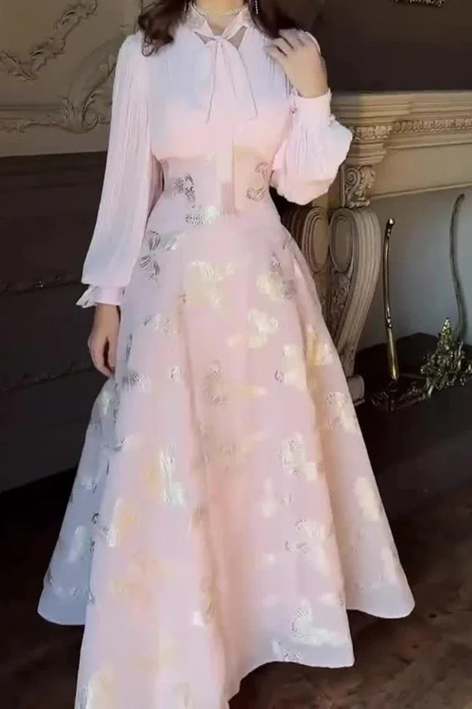Elegant High Waist Printed Long Sleeve Pleated Maxi Dress