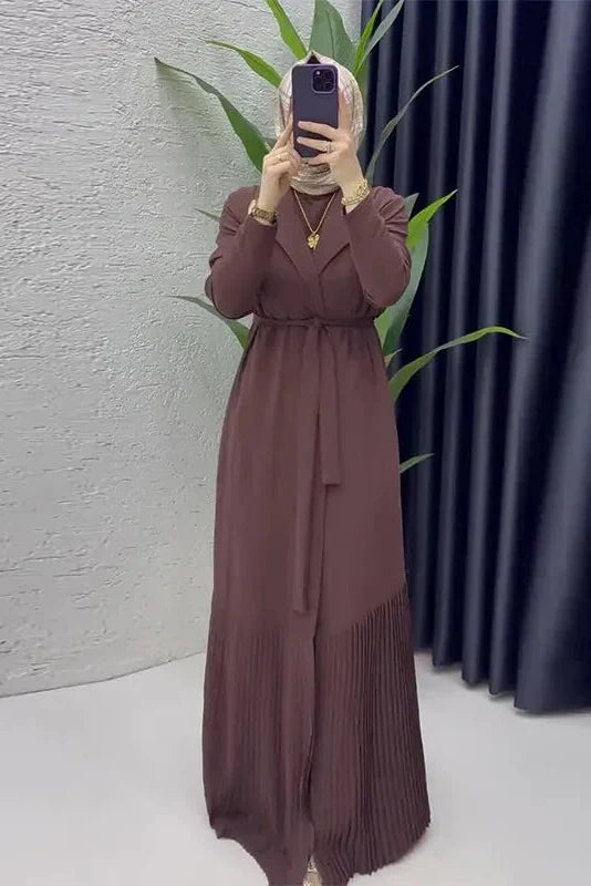 Elegant O-Neck Long Sleeve High Waist Pleated Maxi Dress