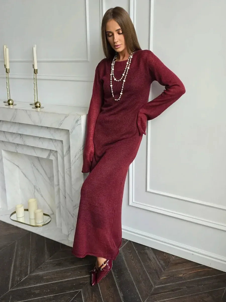 See Through Loose Long Sleeve Knitted Maxi Dress