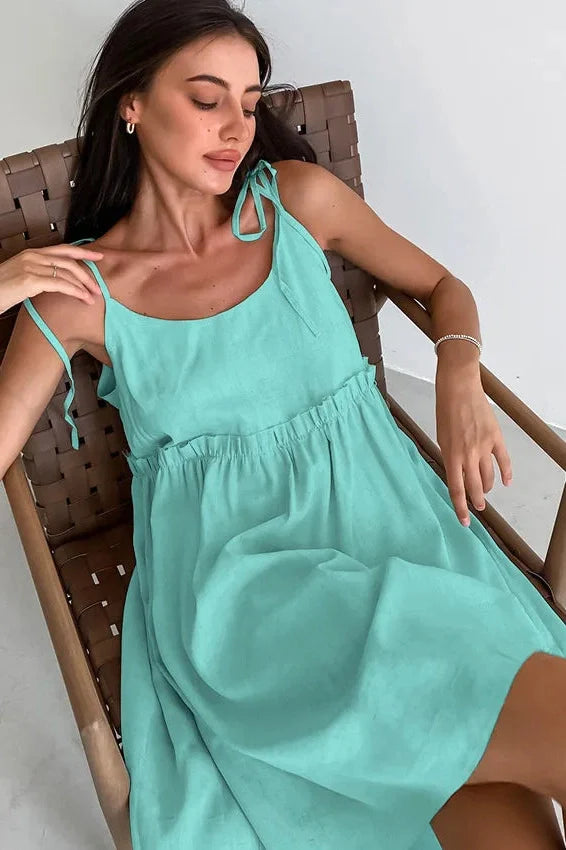 Spaghetti Strap Loose Cotton Lace Up Mini Dress