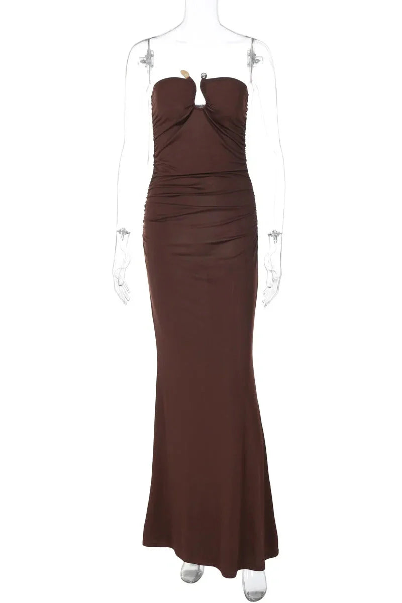 Elegant U-Neck Pleated Bodycon Sleeveless Maxi Dress