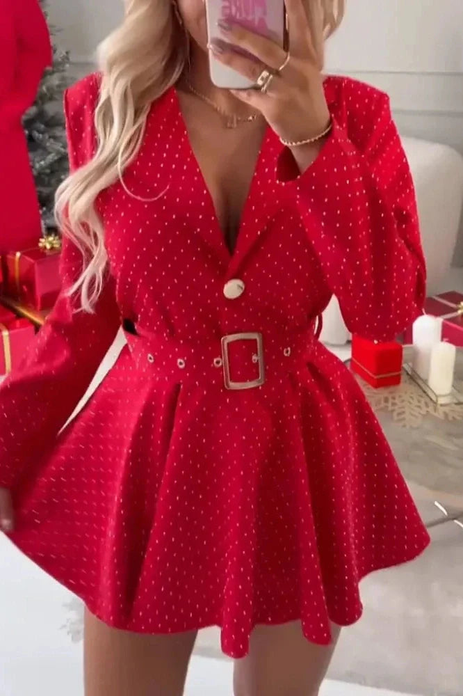 Elegant Long Sleeve Pleated High Waist Slim Printed Mini Dress