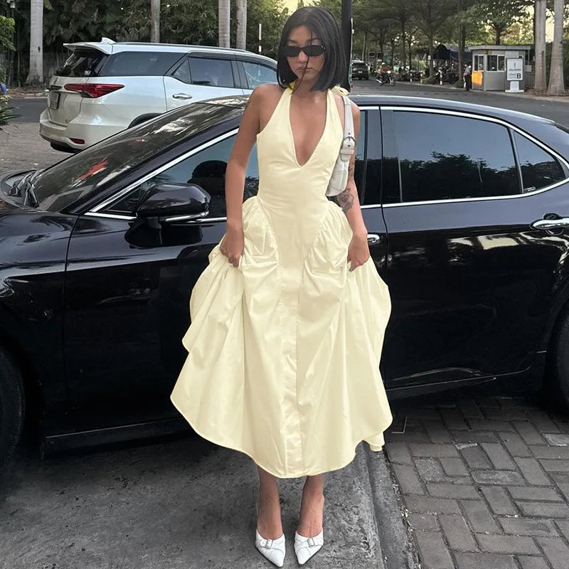 Deep V Neck A-Line Pleated Midi Dress