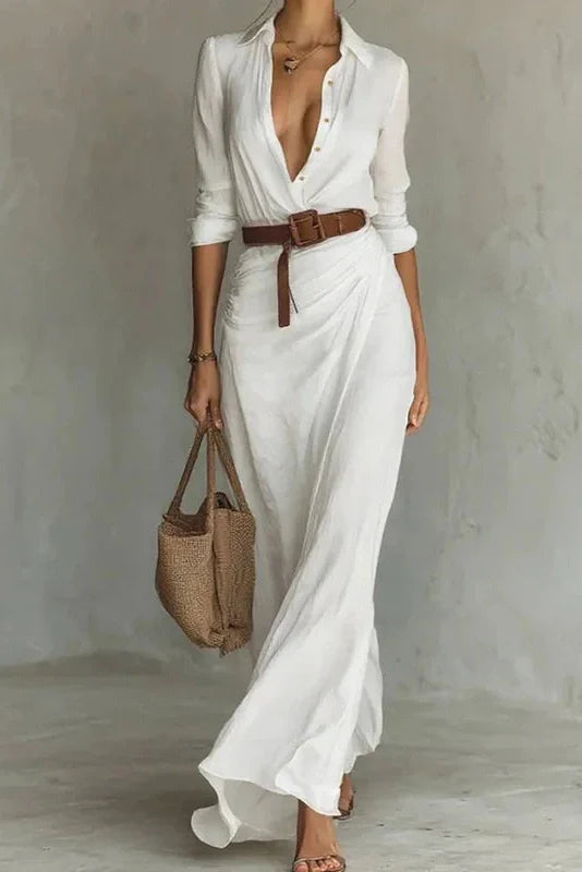 Elegant Long Sleeve High Waist Single Breasted Maxi Dress
