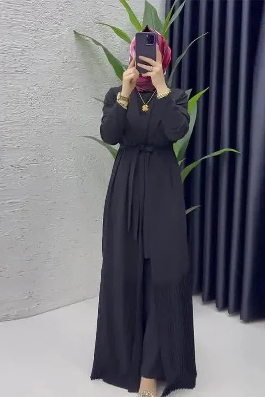 Elegant O-Neck Long Sleeve High Waist Pleated Maxi Dress