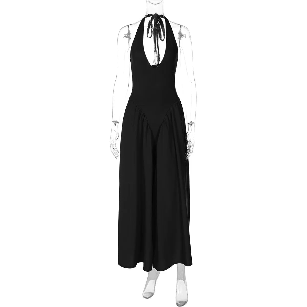 Deep V Neck A-Line Pleated Midi Dress