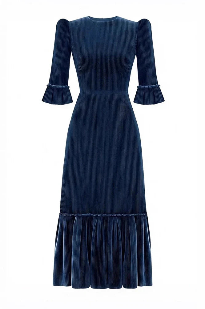 Elegant Half Sleeve Pleated High Waist Slim Maxi Dress