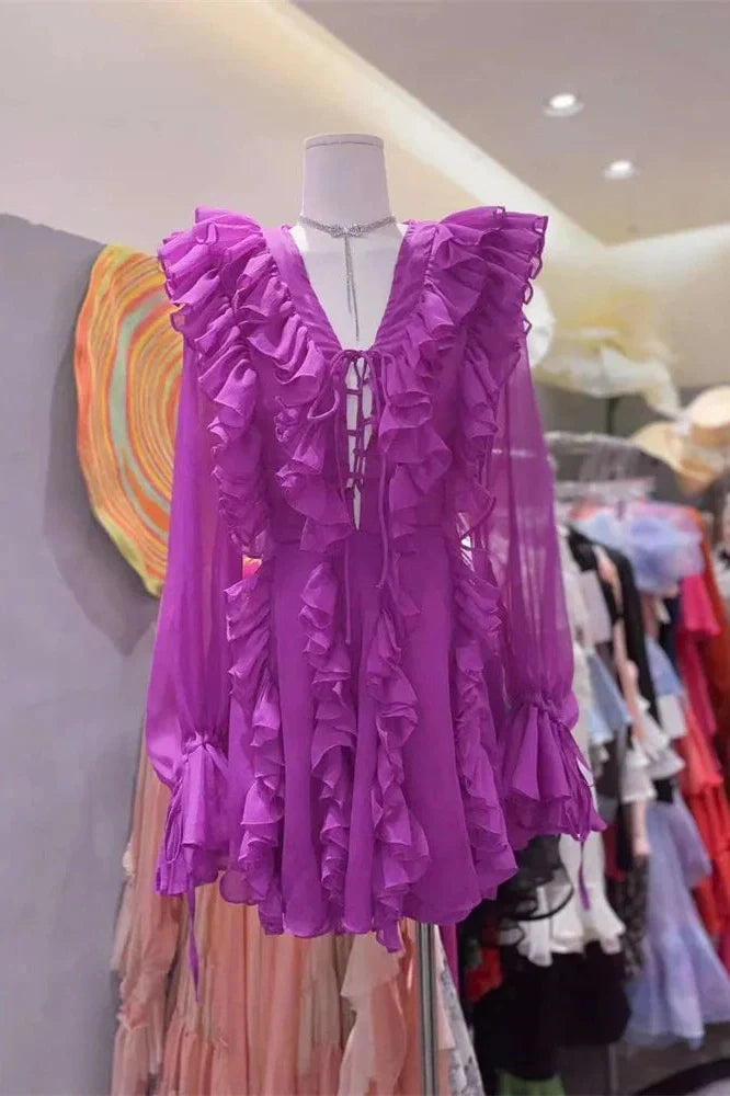 V-Neck Lace-Up High Waist Mini Dress
