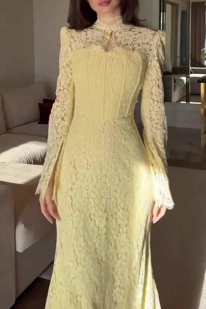 Elegant Slim High Waist Lace Embroidery Maxi Dress