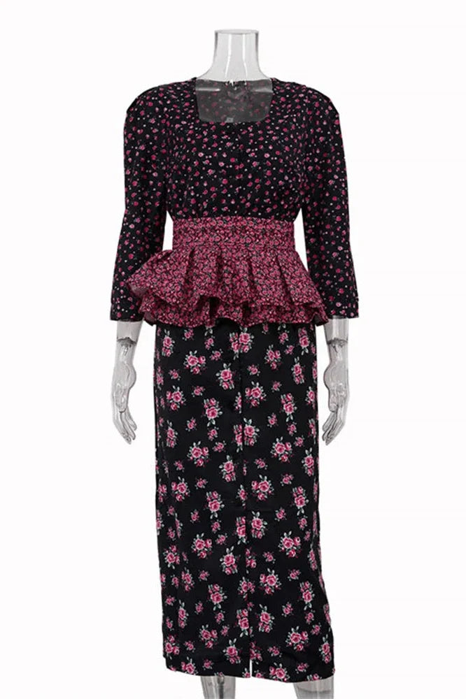 Printed Patchwork Slim Midi Dress