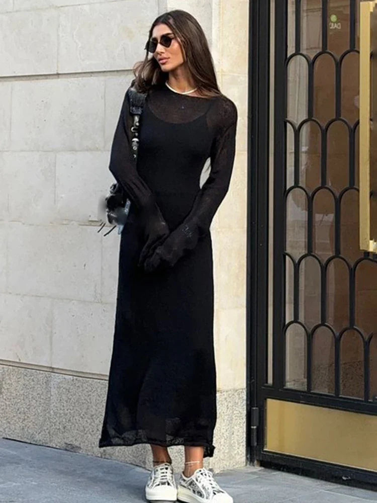 See Through Loose Long Sleeve Knitted Maxi Dress