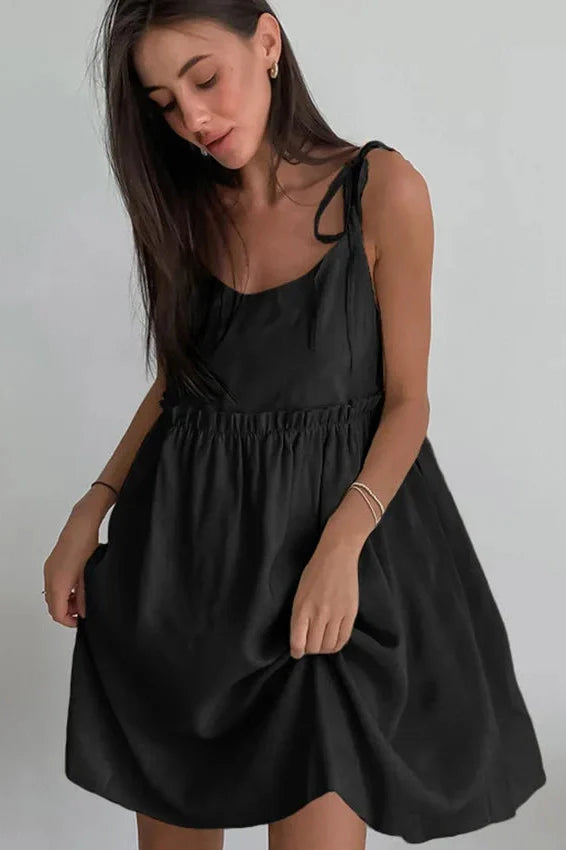 Spaghetti Strap Loose Cotton Lace Up Mini Dress