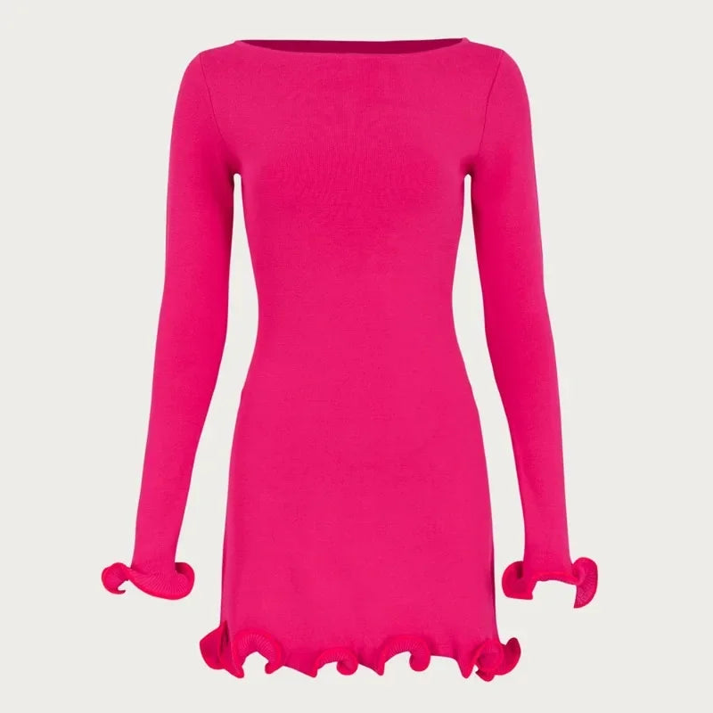Knitted O-Neck Long Sleeve Slim Mini Dress
