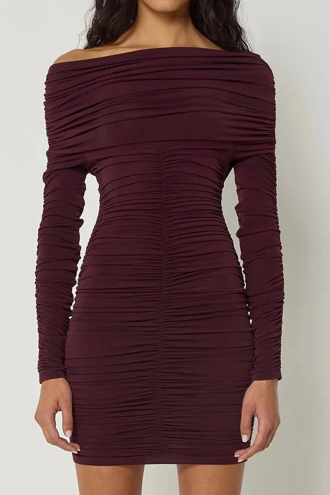 Inclined Shoulder Long Sleeve Backless Mini Dress