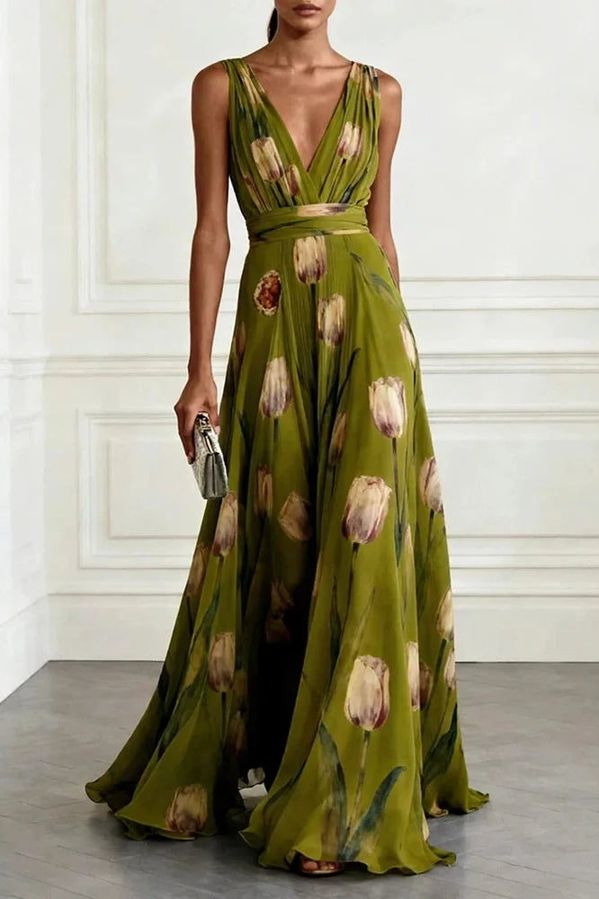 Sleeveless Pleated Printed High Waist V-Neck Maxi Dress