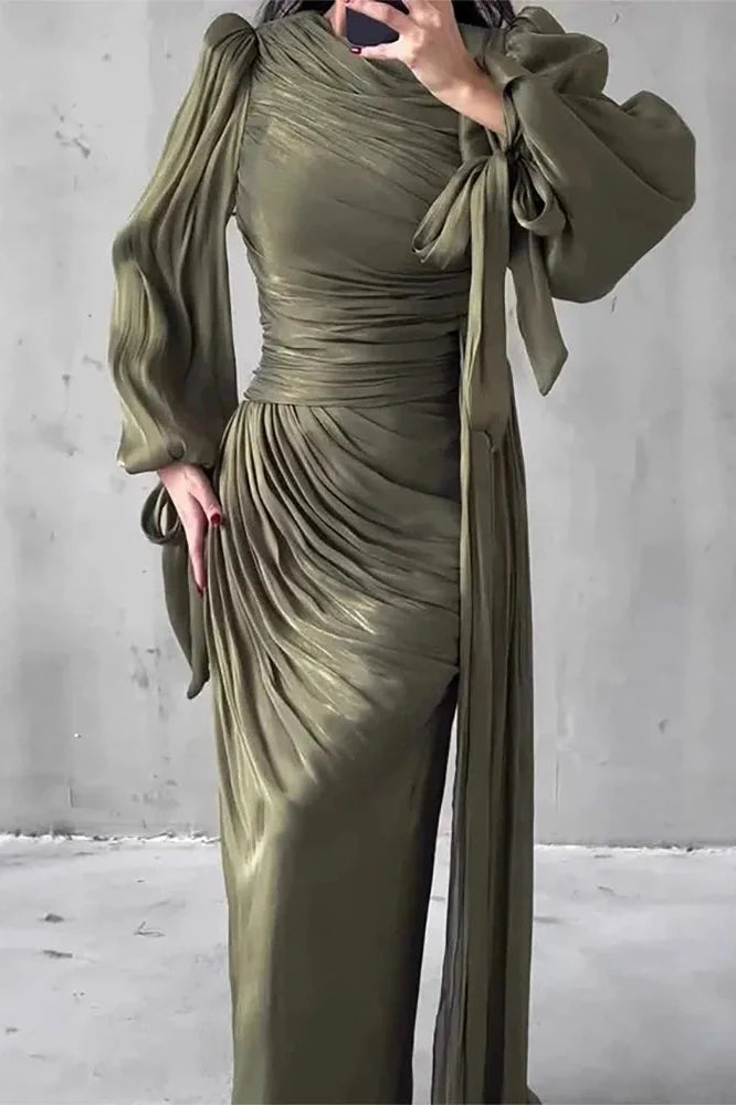 Elegant Long Sleeve High Waist Pleated Slim Maxi Dress