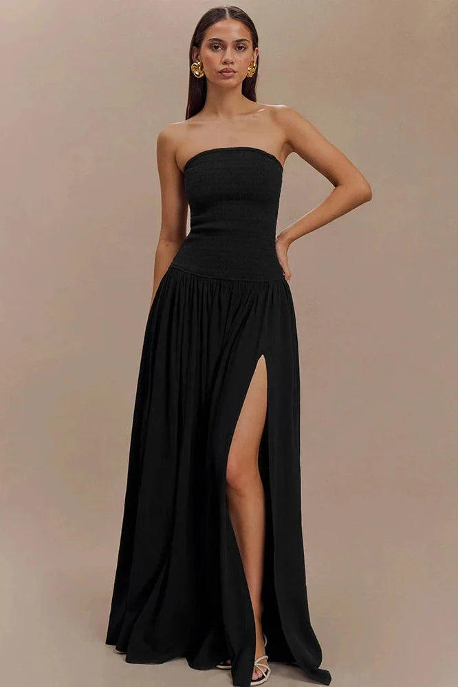 Off-Shoulder Strapless Sleeveless Backless High Split Pleated Maxi Dress