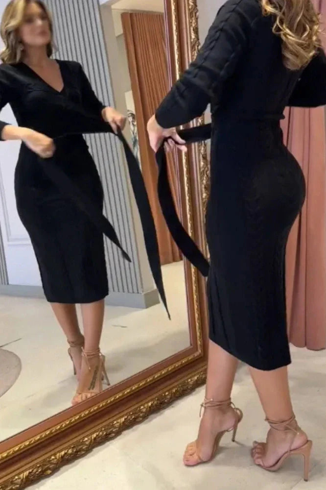 Long Sleeve Slim High Waist V-Neck Midi Dress