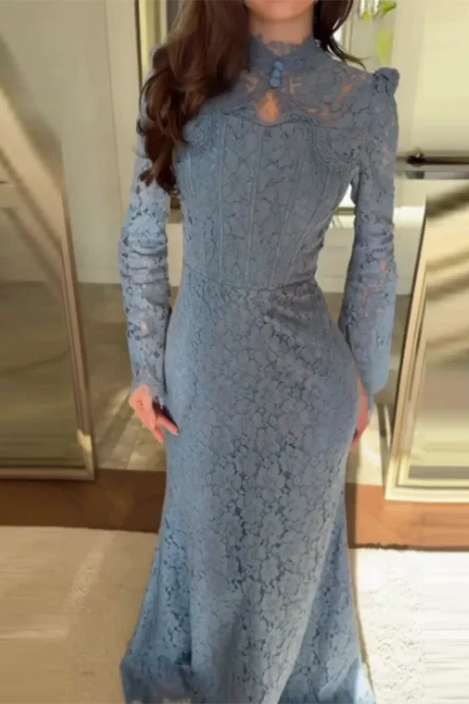 Elegant Slim High Waist Lace Embroidery Maxi Dress
