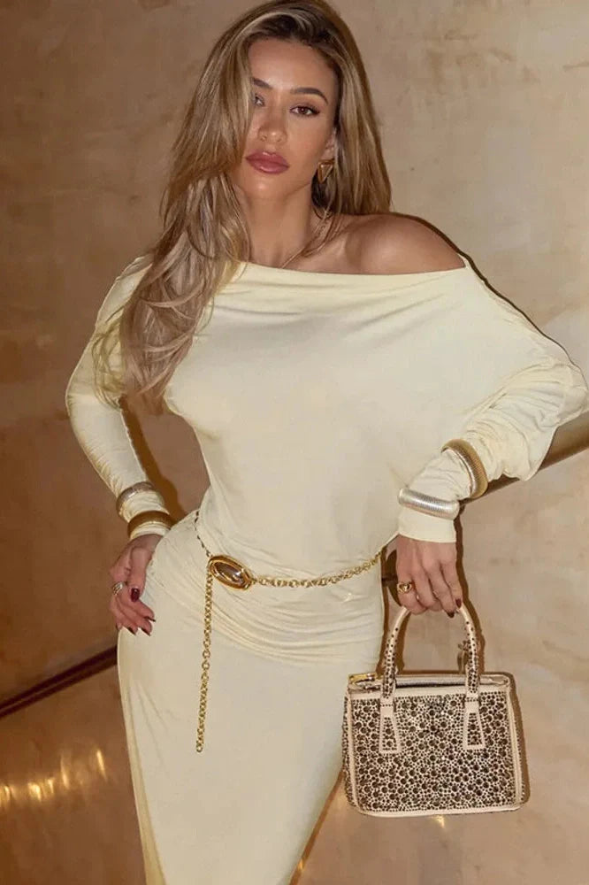 One Shoulder Backless Long Sleeve Bodycon Maxi Dress