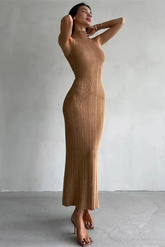 Elegant Knitted Turtleneck Sleeveless Bodycon High Waist Maxi Dress