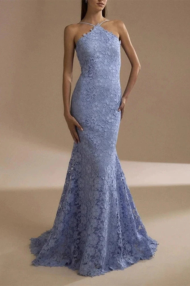 Elegant Sleeveless Fit Backless Off-Shoulder Lace Embroidery Maxi Dress