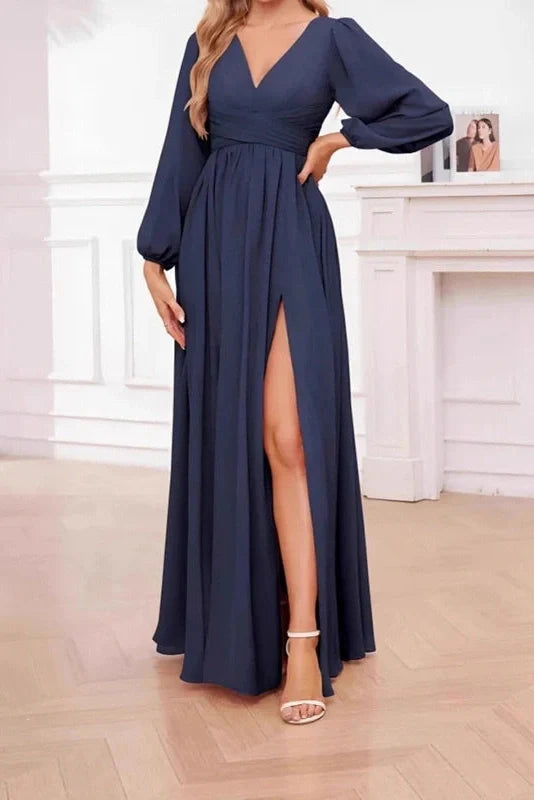 Elegant Long Sleeve Loose V-Neck Split Maxi Dress