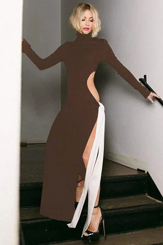 Elegant Hollow Out Turtleneck Long Sleeve Maxi Dress