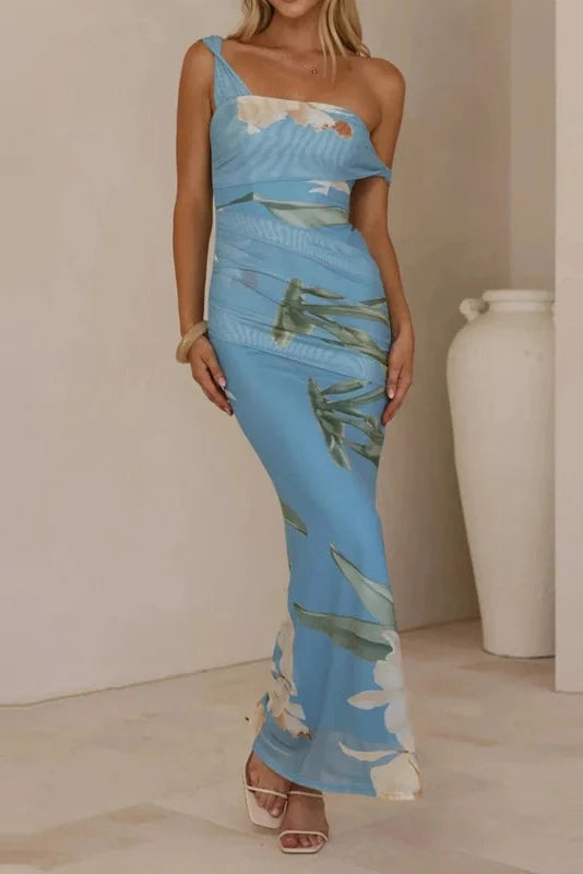 Sleeveless High Waist Slash Collar Printed Maxi Dress